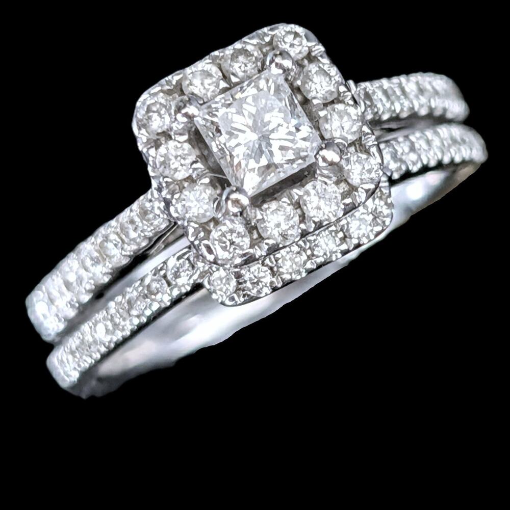Bridal Set Natural Diamonds 14k White Gold Engagement Ring Wedding Band Estate